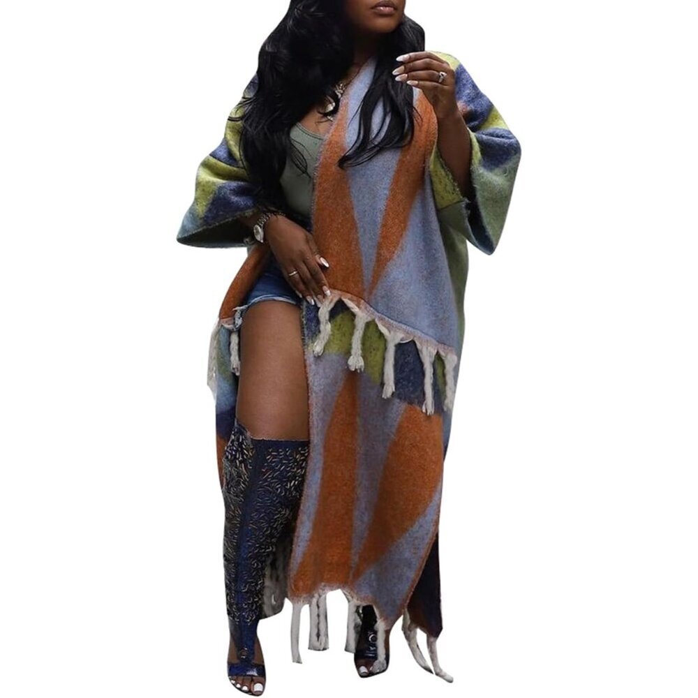 Women's Fuzzy Long Chunky Knit Cardigan Open Front Color Block Tassel